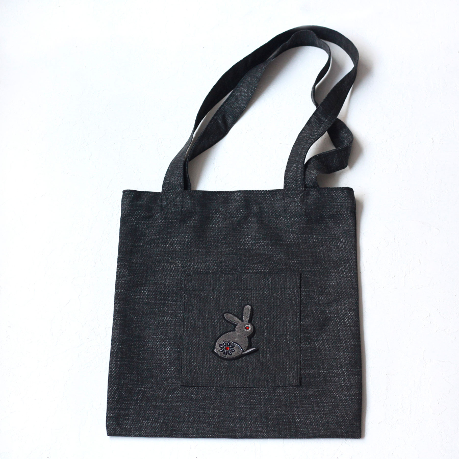 Rabbit, black poly-linen fabric bag, 35x40 cm - 1