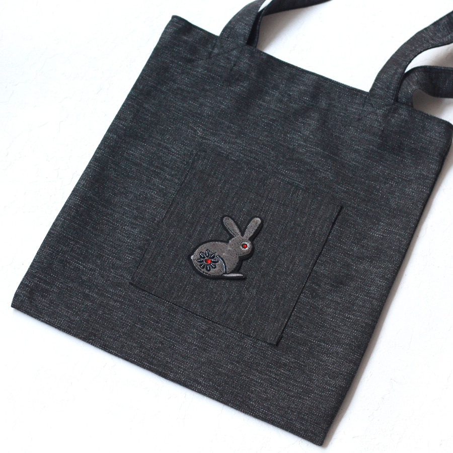 Rabbit, black poly-linen fabric bag, 35x40 cm - 2