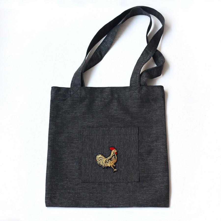 Rooster, black poly-linen fabric bag, 35x40 cm - 1