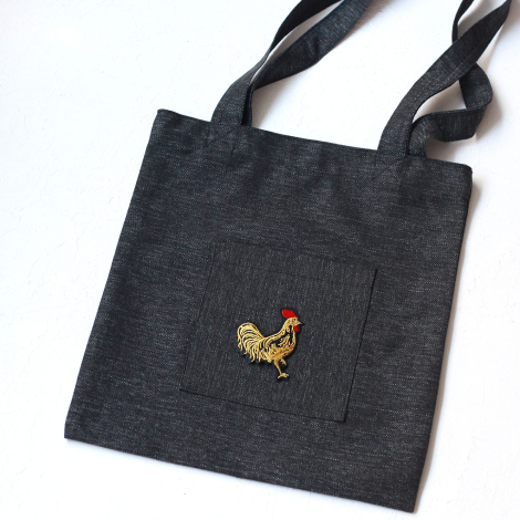 Rooster, black poly-linen fabric bag, 35x40 cm - 2