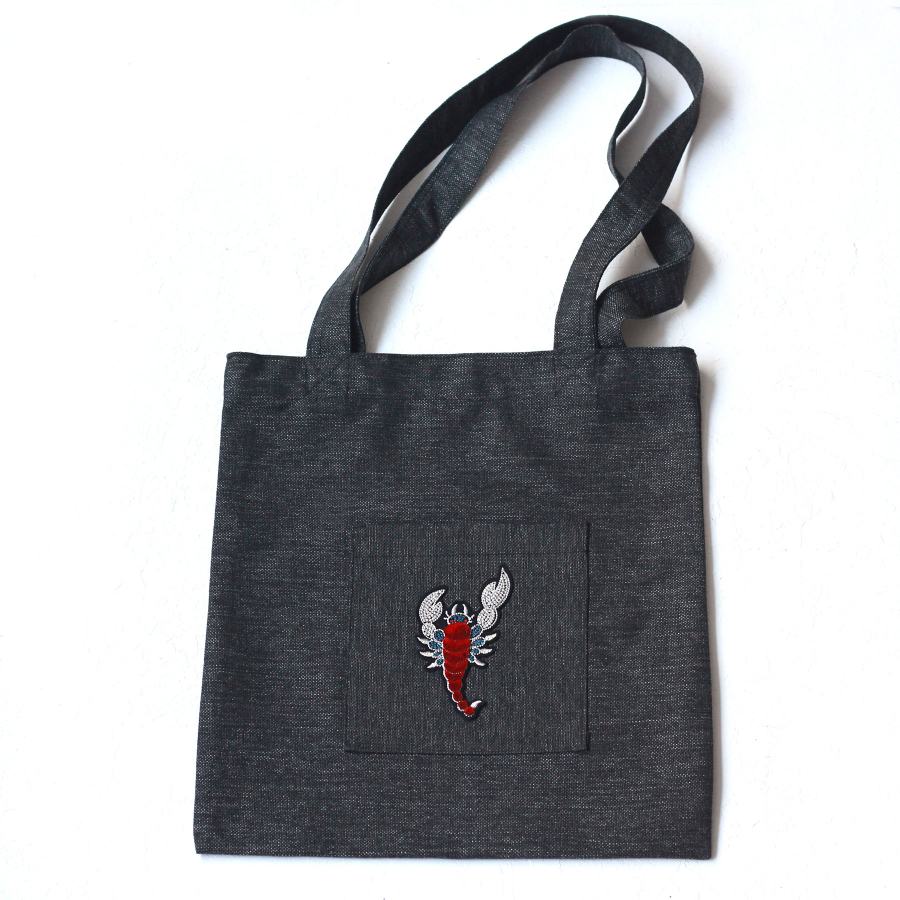 Scorpion, black poly-linen fabric bag, 35x40 cm - 1