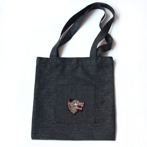 Wolf, black poly-linen fabric bag, 35x40 cm - Bimotif