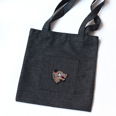 Wolf, black poly-linen fabric bag, 35x40 cm - Bimotif (1)