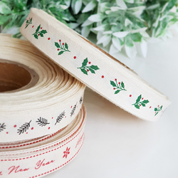 Cotton ribbon, holly, 1.5 cm / 5 metres - Bimotif