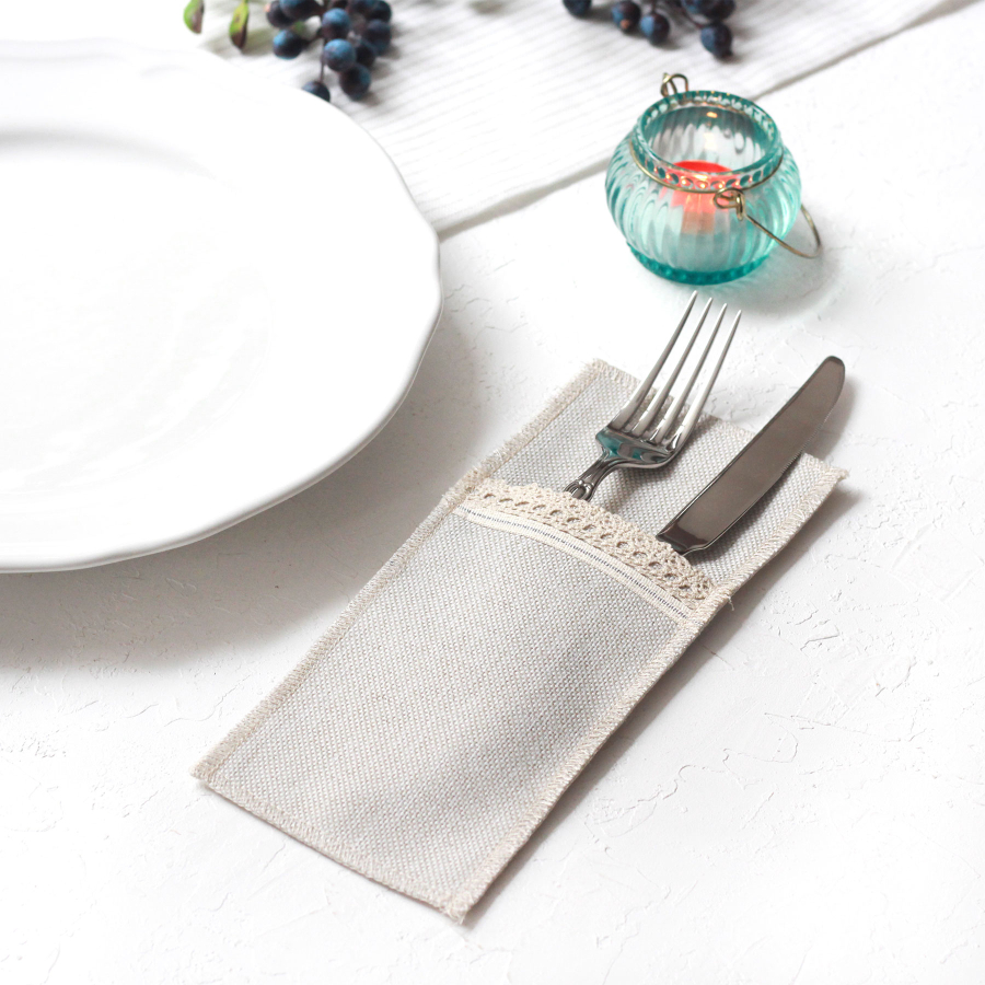 Poly-linen cutlery service with cream lace edge and Glittered silver stripes, 10x22 cm / 2 pcs - 3
