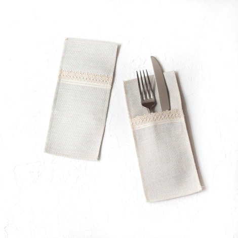 Poly-linen cutlery service with cream lace edge and Glittered silver stripes, 10x22 cm / 2 pcs - 2