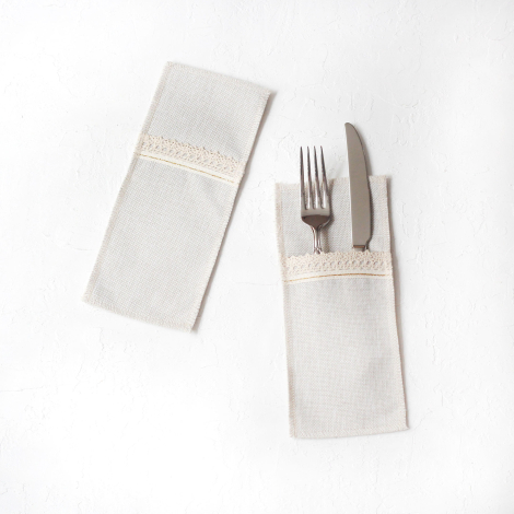 Poly-linen cutlery service with cream lace edge and Glittered gold stripes, 10x22 cm / 2 pcs - 2