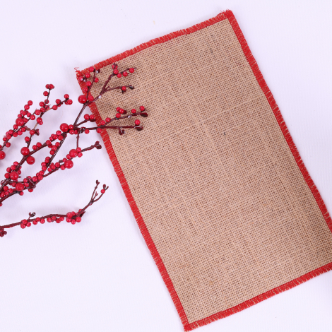 Jute pouch with red overlock edge, 10x15 cm / 10 pcs - 5