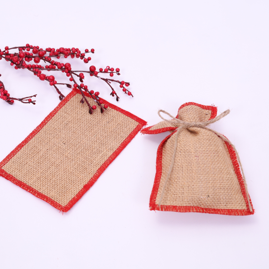 Jute pouch with red overlock edge, 10x15 cm / 10 pcs - 4