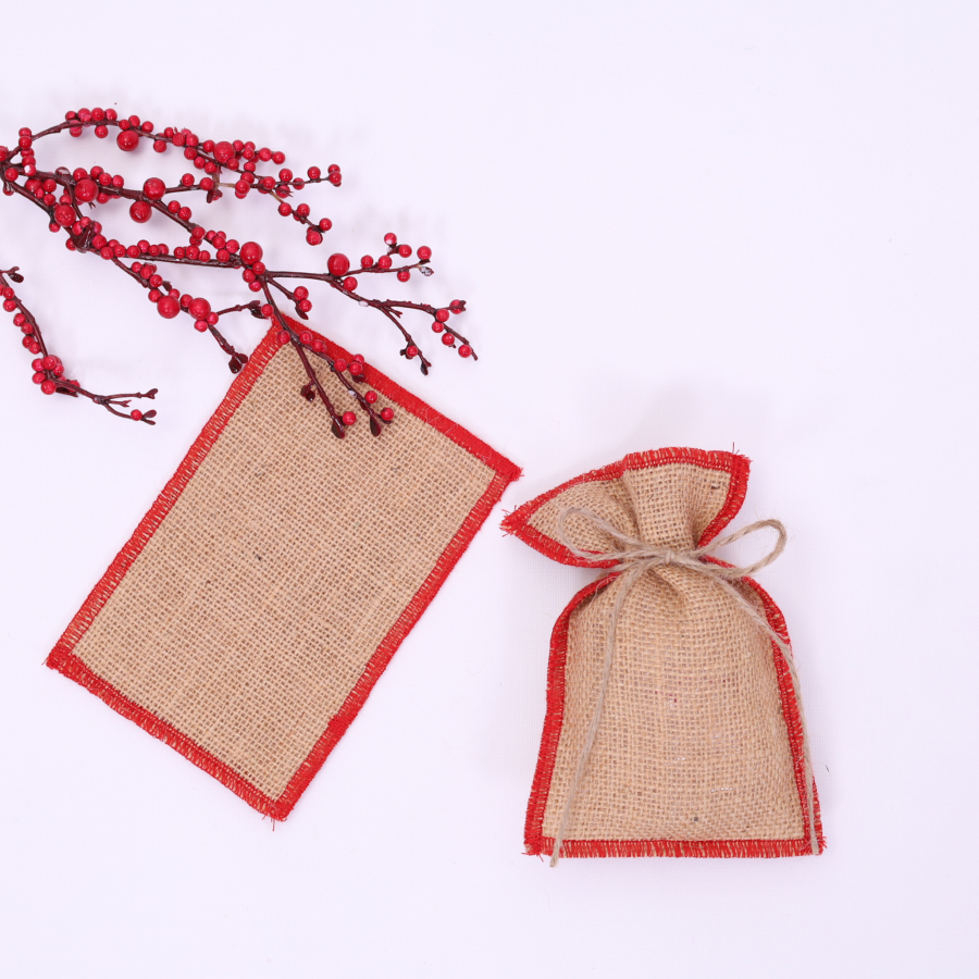 Jute pouch with red overlock edge, 10x15 cm / 10 pcs - 2