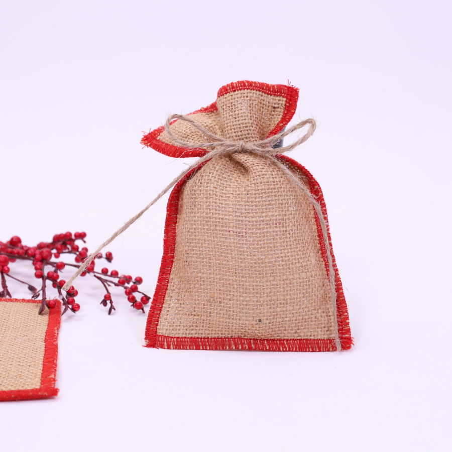 Jute pouch with red overlock edge, 10x15 cm / 10 pcs - 1