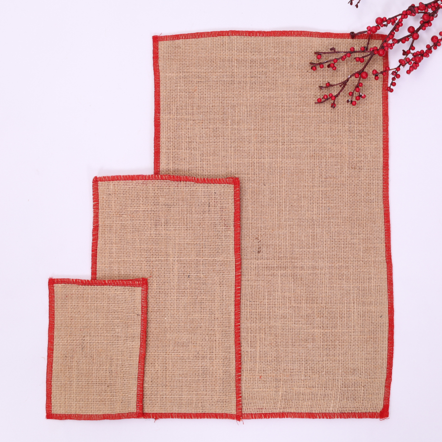 Jute pouch with red overlock edge, 15x25 cm / 10 pcs - 5