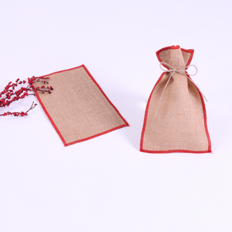 Jute pouch with red overlock edge, 15x25 cm / 10 pcs - 3