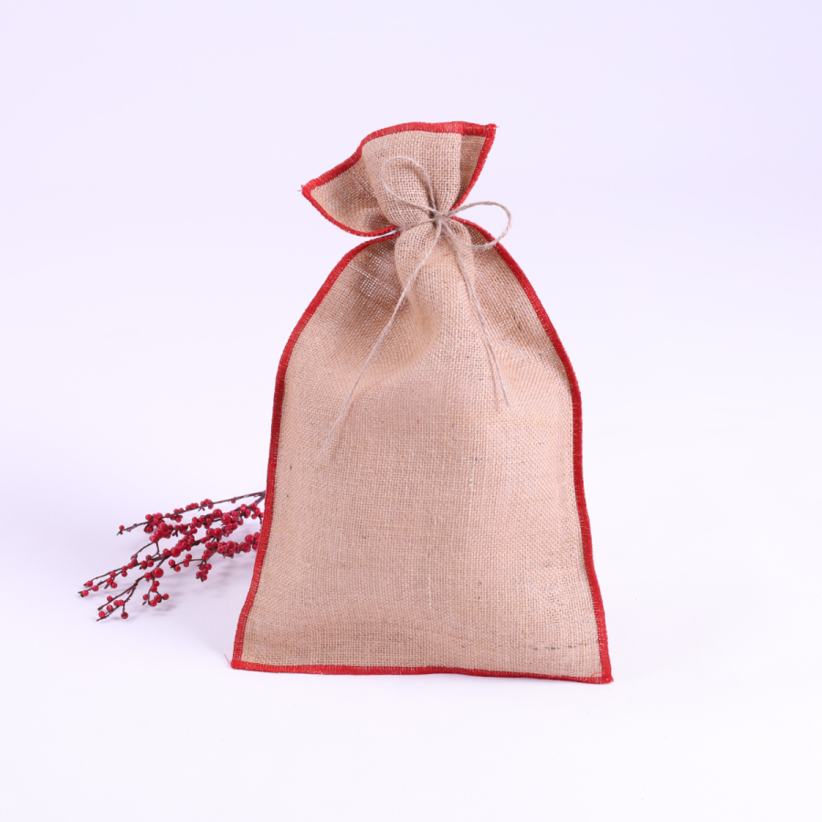 Jute pouch with red overlock edge, 15x25 cm / 10 pcs - 1
