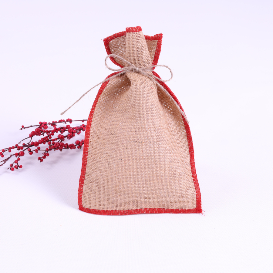 Jute pouch with red overlock edge, 25x40 cm / 10 pcs - 1