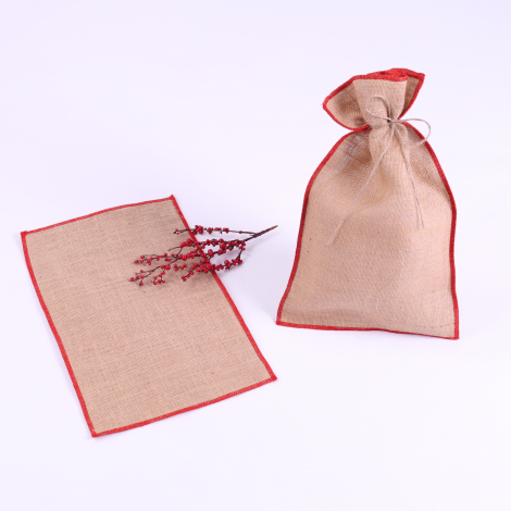 Jute pouch with red overlock edge, 25x40 cm / 10 pcs - 3