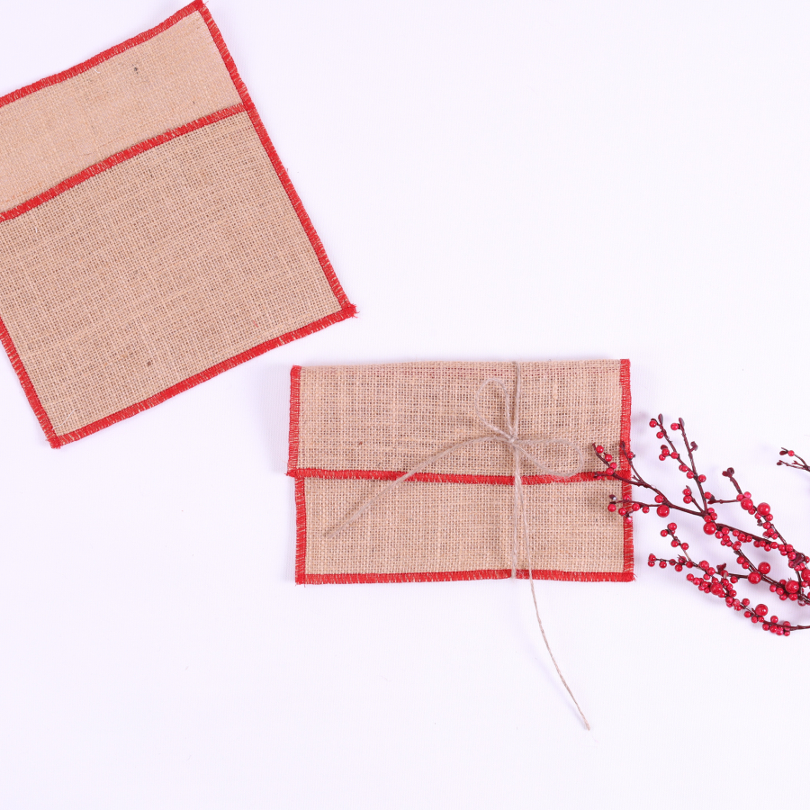 Jute envelope with red overlock edge, 14x19 cm / 10 pcs - 4