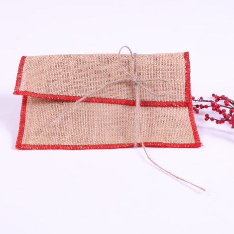 Jute envelope with red overlock edge, 14x19 cm / 10 pcs - Bimotif