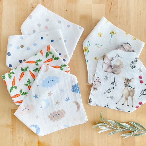 Double layer patterned muslin fabric baby drool bib / snap collar set (0-36 months), 6 pcs / 41x20 cm - Bimotif