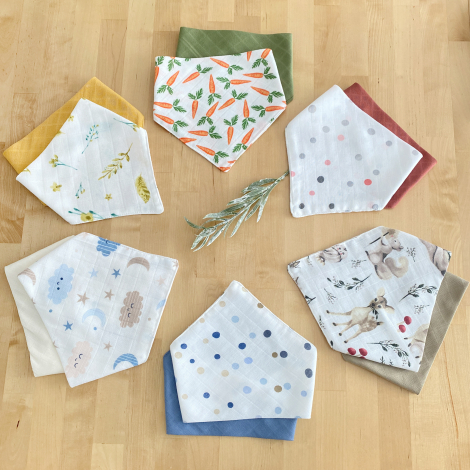 Double-layer plain-patterned muslin fabric baby drool bib / snap collar set (0-36 months), 12 pcs / 41x20 cm - Bimotif