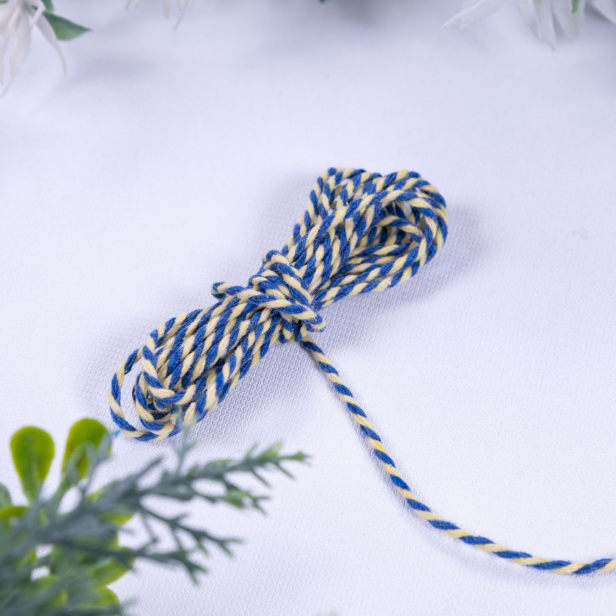 Martenitsa yellow blue twist bracelet rope, 2 mm / 2 metres - 1