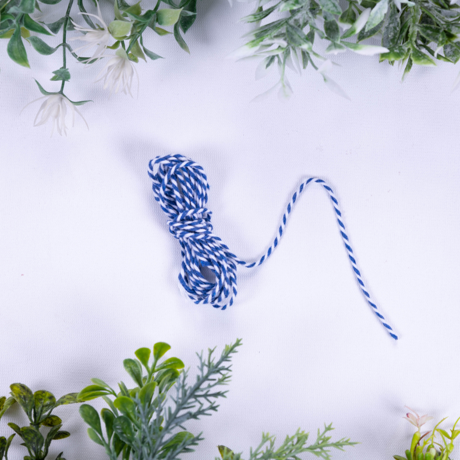 Martenitsa blue and white twist bracelet rope, 2 mm / 2 metres - 1
