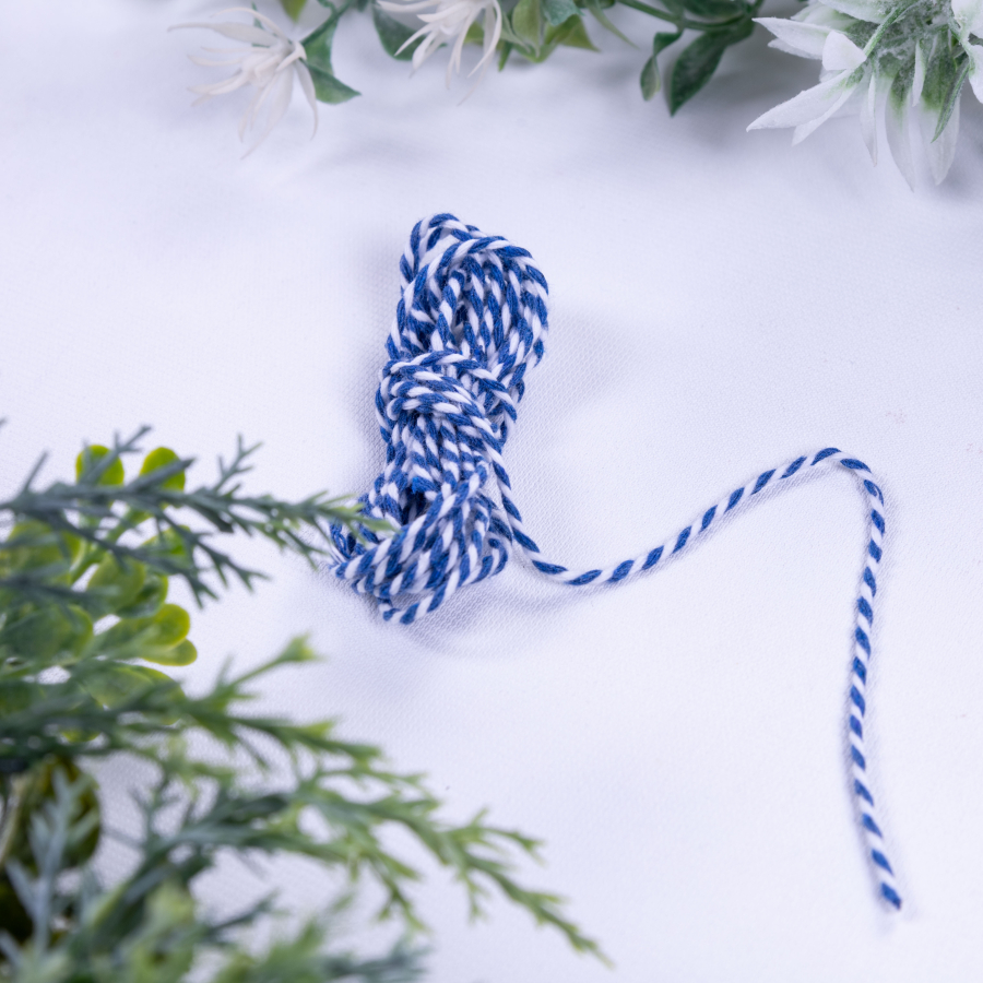 Martenitsa blue and white twist bracelet rope, 2 mm / 2 metres - 3