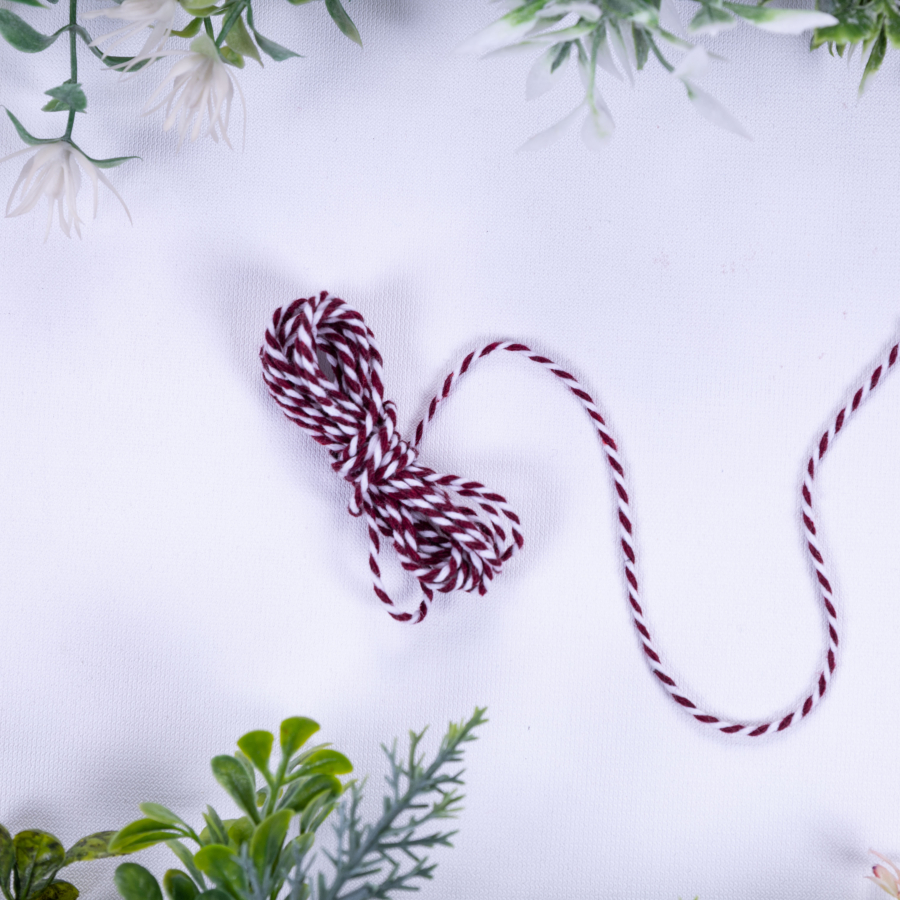 Martenitsa burgundy white twist bracelet rope, 2 mm / 2 metres - 1