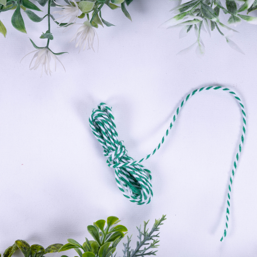 Martenitsa green and white twist bracelet rope, 2 mm / 2 metres - 1