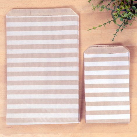 Striped kraft-white paper bag set, (11x20 - 18x30 cm) / 10 pcs each - Bimotif