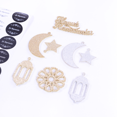 Glittered silver - gold felt ornaments and Happy Holidays sticker set / 9 pcs - Bimotif (1)