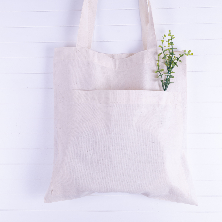 Cream raw cloth bag with front pockets, 37x39 cm - 1