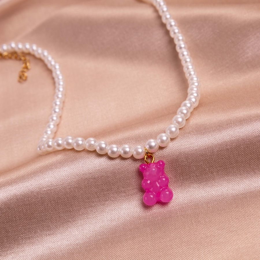 Pearl necklace with pink gummy bears (adjustable and plated gold apparatus) - 2