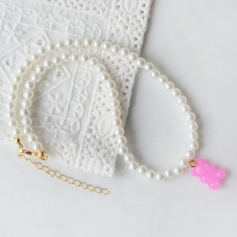 Pearl necklace with pink gummy bears (adjustable and plated gold apparatus) - Bimotif