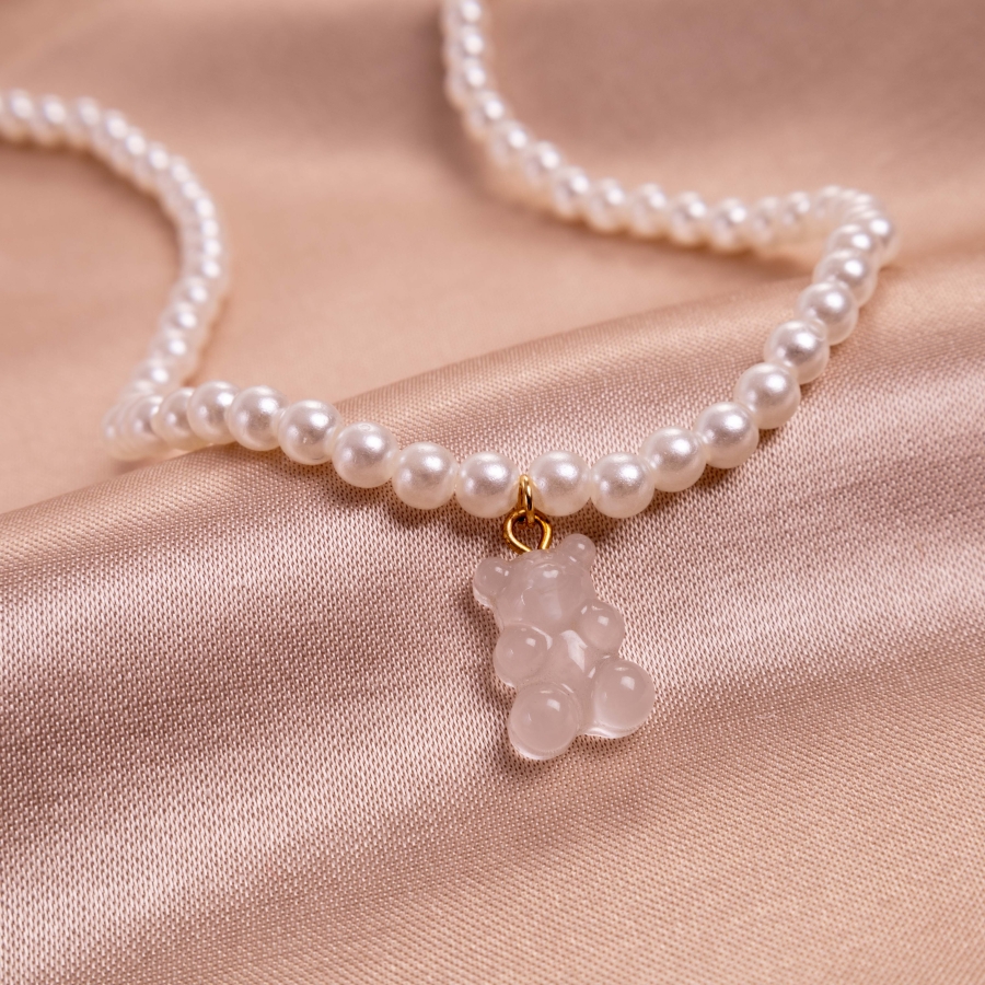 Pearl necklace with white gummy bears (adjustable and plated gold apparatus) - 3