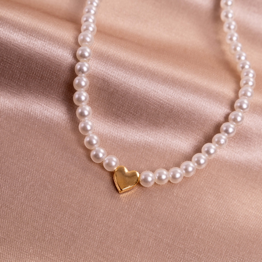 Gold heart pearl necklace (adjustable and plated) - 3
