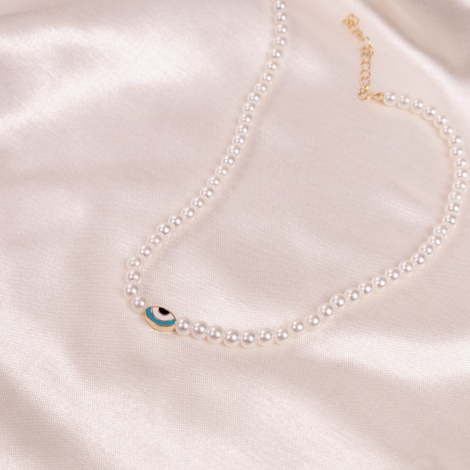 Gold enamelled eye evil eye bead pearl necklace (adjustable and with plating apparatus) - 3