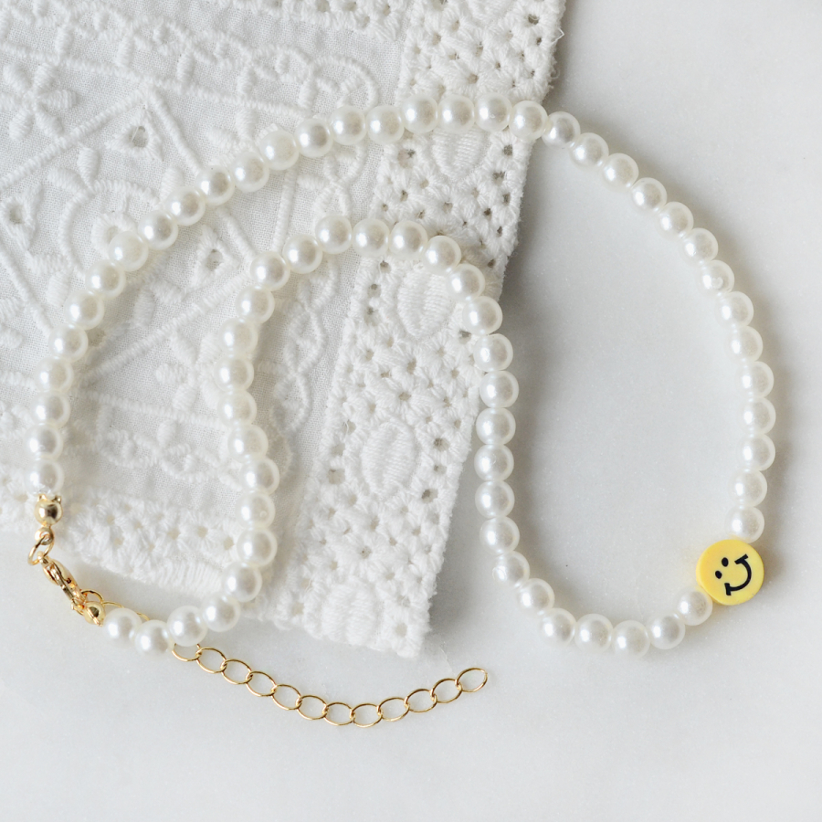 Yellow Smiley fimo beaded pearl necklace (adjustable and plated) - 1