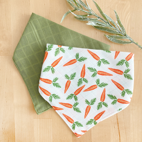 Double layer muslin fabric baby drool bib / 2 pcs snap collar set (0-36 months), green-carrot / 41x20 cm - Bimotif