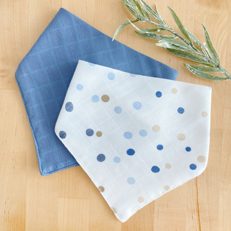 Double layer muslin fabric baby drool bib / 2 pcs snap collar set (0-36 months), indigo-polka dot / 41x20 cm - Bimotif