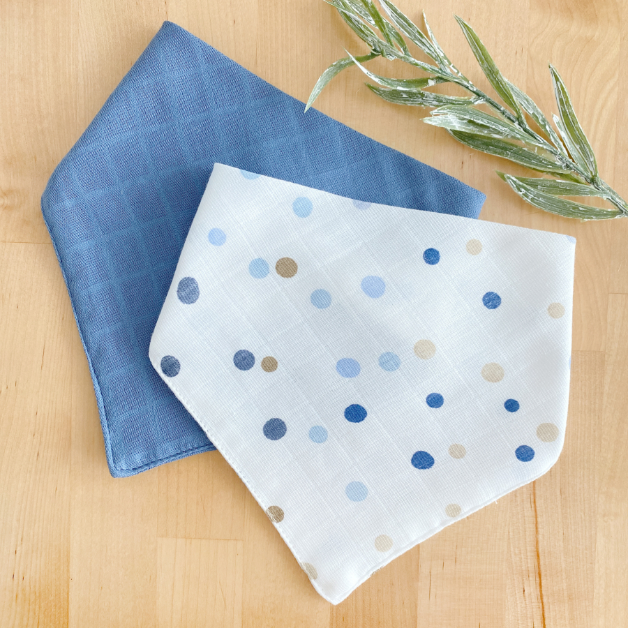 Double layer muslin fabric baby drool bib / 2 pcs snap collar set (0-36 months), indigo-polka dot / 41x20 cm - 1