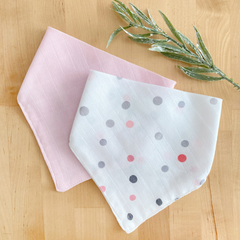 Double layer muslin fabric baby drool bib / 2 pcs snap collar set (0-36 months), pink-polka dot / 41x20 cm - Bimotif