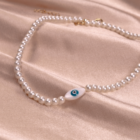 Pearl necklace with Pearl eye evil eye beads - Bimotif (1)