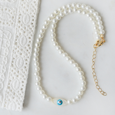 Pearl necklace with Pearl eye evil eye beads - Bimotif