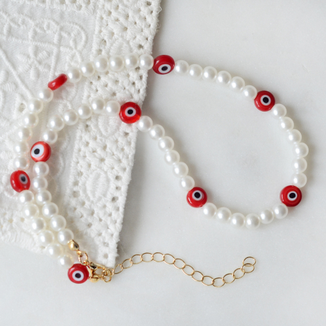 Multiple red glass evil eye beads pearl necklace - Bimotif (1)