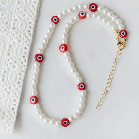 Multiple red glass evil eye beads pearl necklace - Bimotif