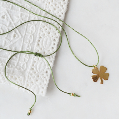 Gold plated shamrock green adjustable string necklace - Bimotif