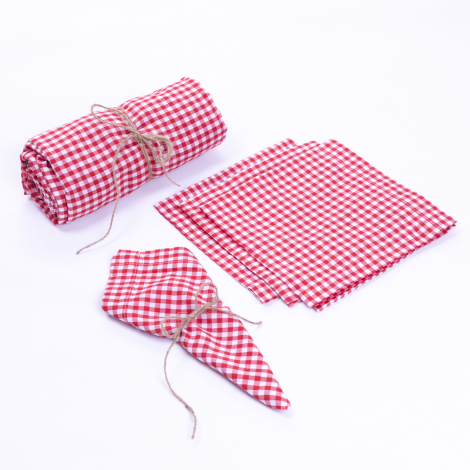 Gingham tablecloth, napkin picnic set 5 pcs, red - Bimotif