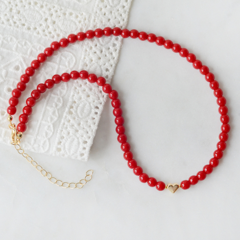 Red jade bead necklace with gold tiny heart on the side - Bimotif