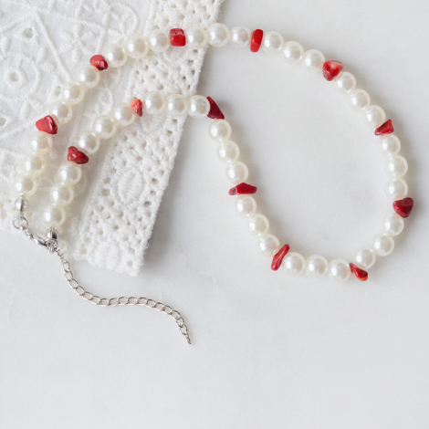 Red coral broken natural stone choker pearl necklace - Bimotif